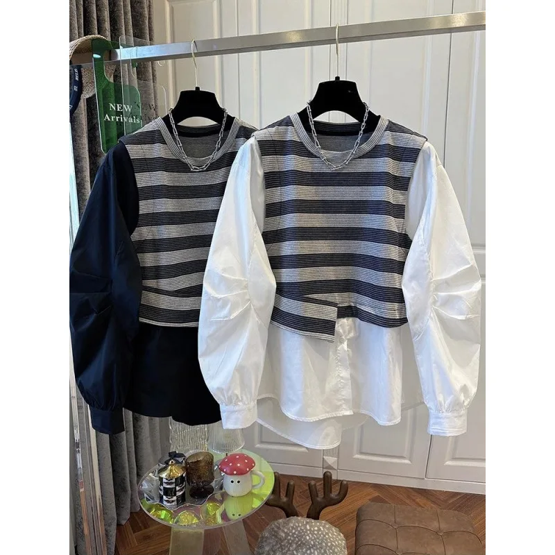 

Stripe Contrasting Irregular Hem Patchwork Shirt Women's Top Causal Fashionable 2025 Autumn New