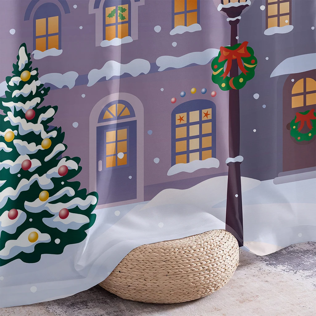 2pcs Curtains With Cartoon House Print, 100% Polyester; Christmas-Themed Curtains For Children's Rooms; New Year's Gift.