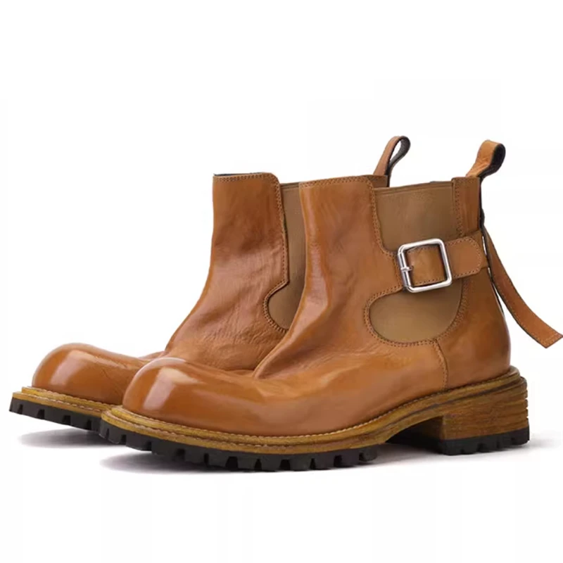 

Высококачественные винтажные ботинки челси из натуральной кожи без шнуровки с круглым носком, мужские дизайнерские офисные деловые мотоциклетные ботинки из воловьей кожи на толстой подошве