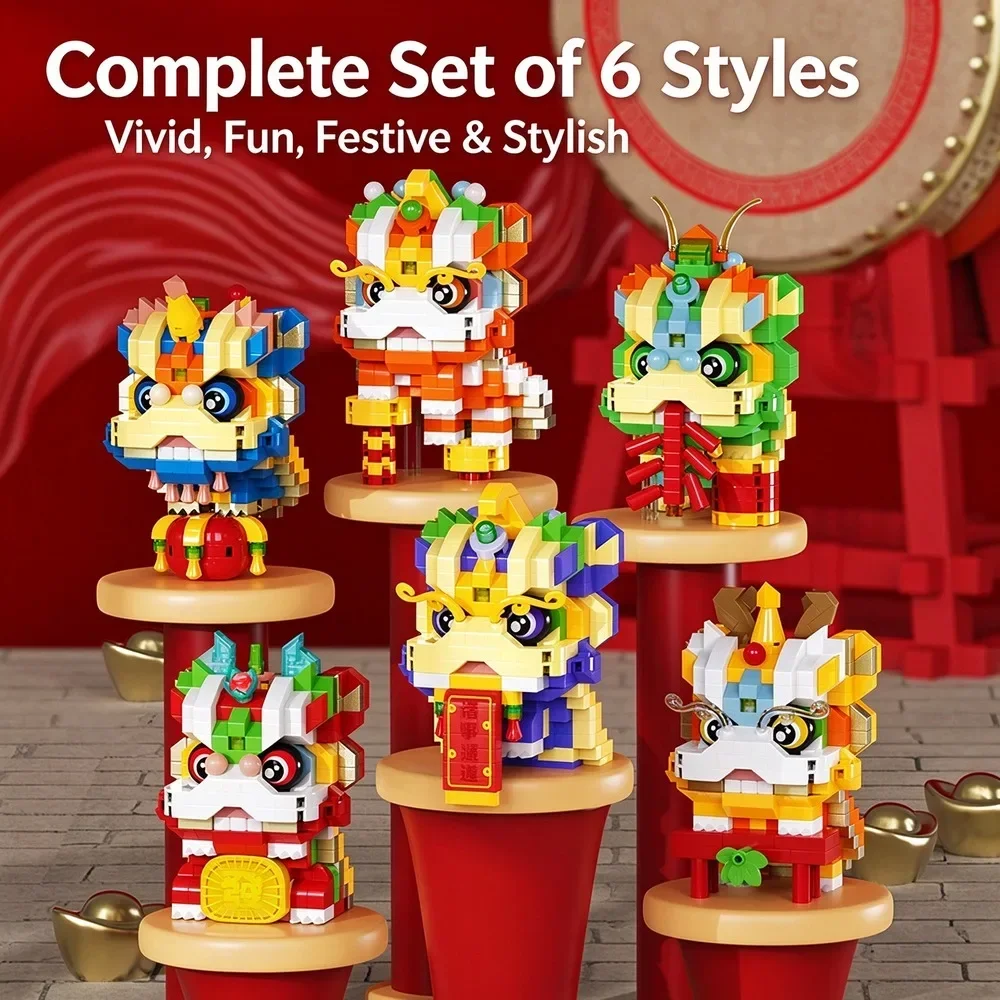 New Year Orange Tree & Lion Dance Flower Basket Building Blocks Festive Desktop Decoration Ornament Kids Spring Festival Gifts