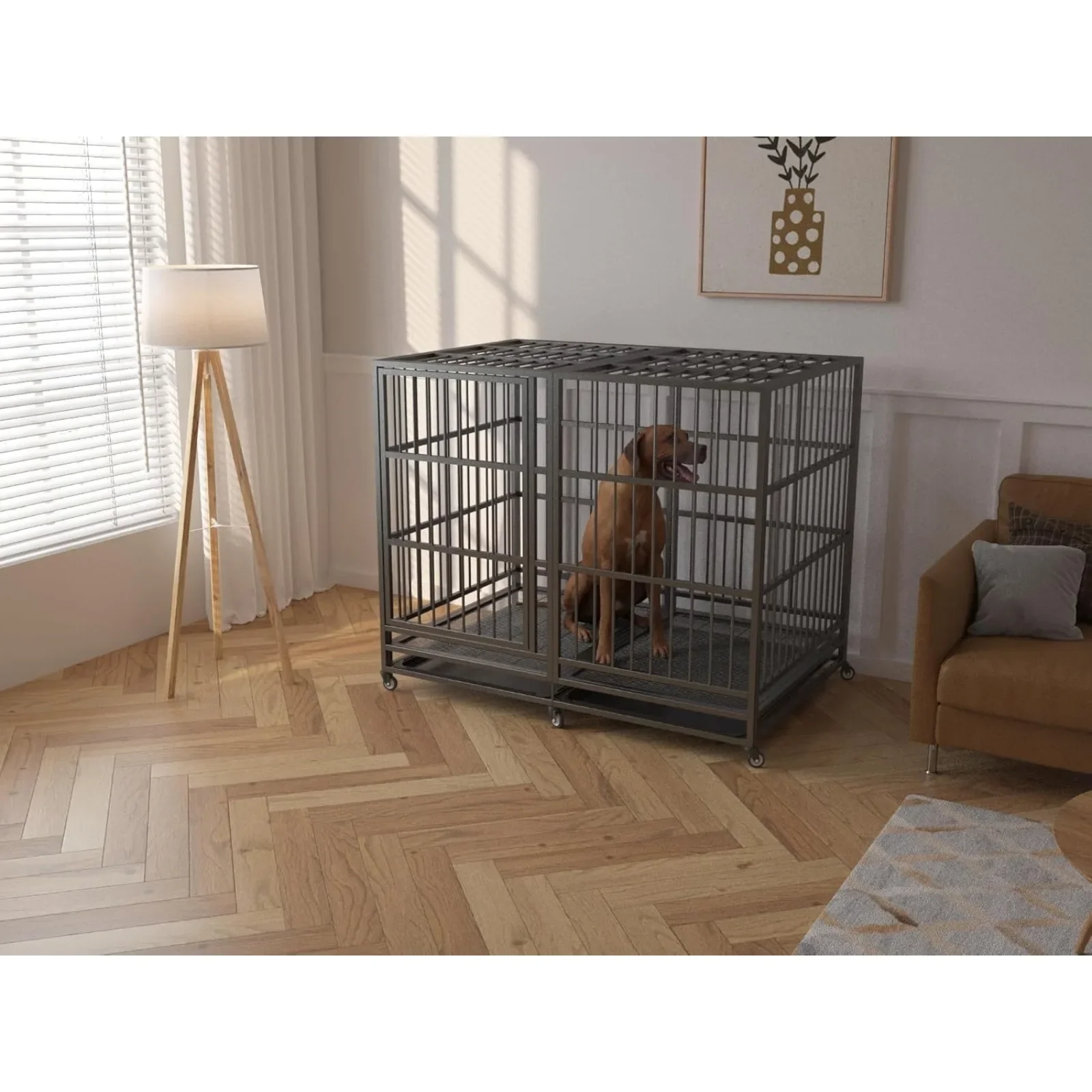 US 54/48/42/38 Inch Heavy Duty Dog Crate Cage with Wheels, Indestructible and Escape Proof Steel Kennel Indoor for High Anxiety