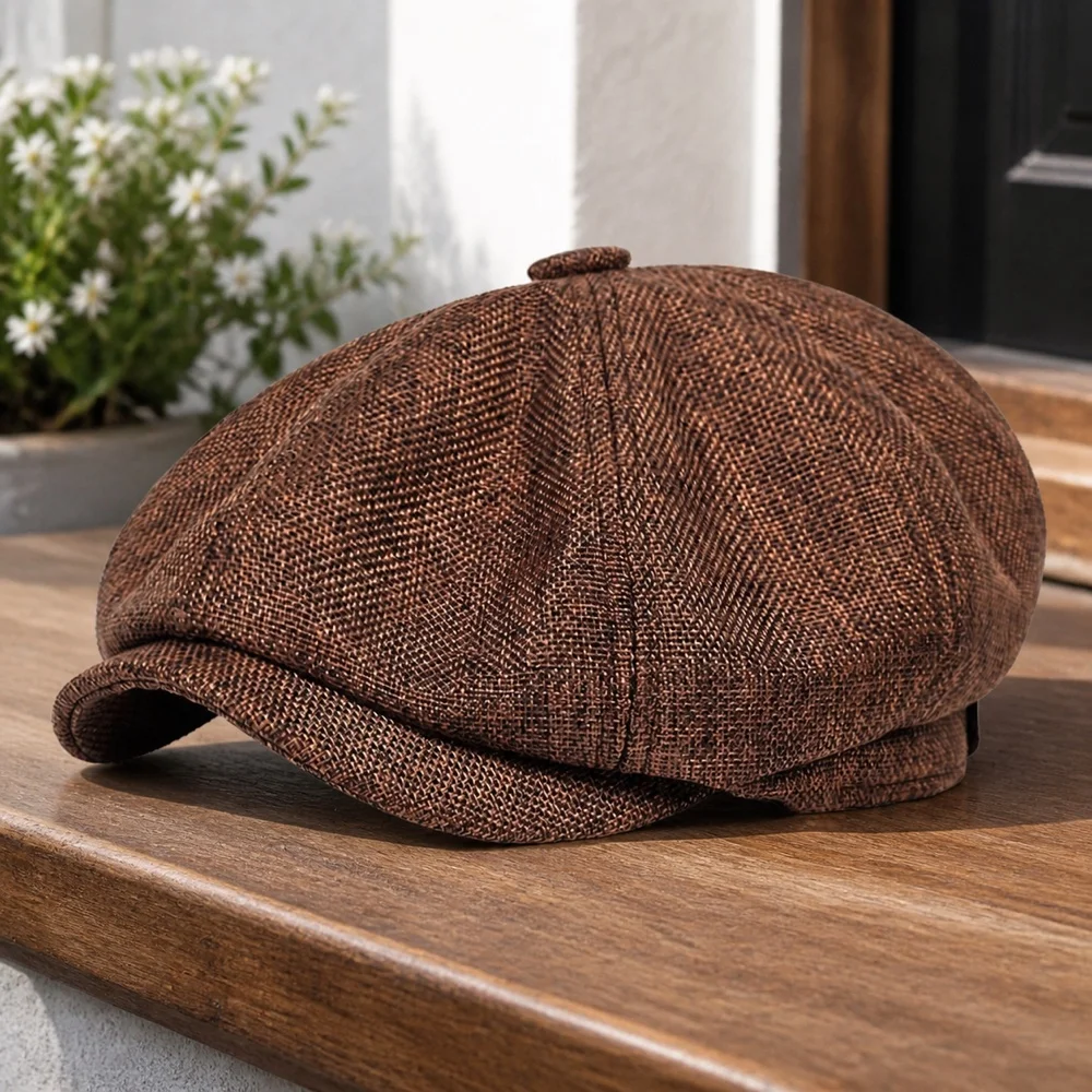 Men's Coffee Brown Eight-Panel Newsboy Cap, Lightweight Ivy Flat Hat, 56-60 cm, Spring Summer Travel, Casual Wear, Vintage Style