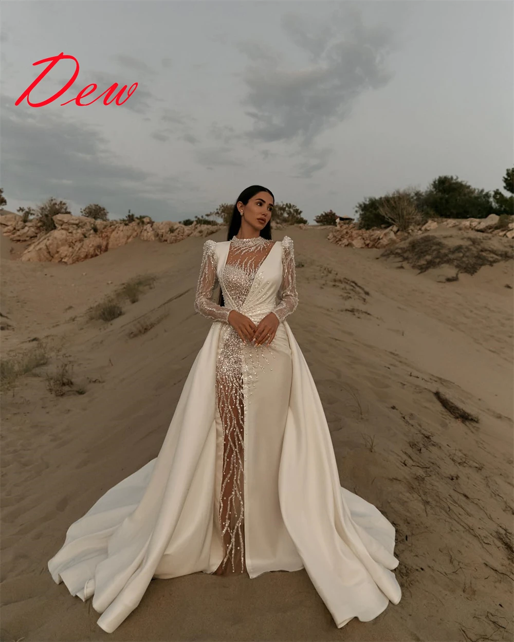 

Customized Graceful White Satin Wedding Dress Exquisite O-Neck Long Sleeves Chapel Train Sequined Zipper Back Bridal Gowns