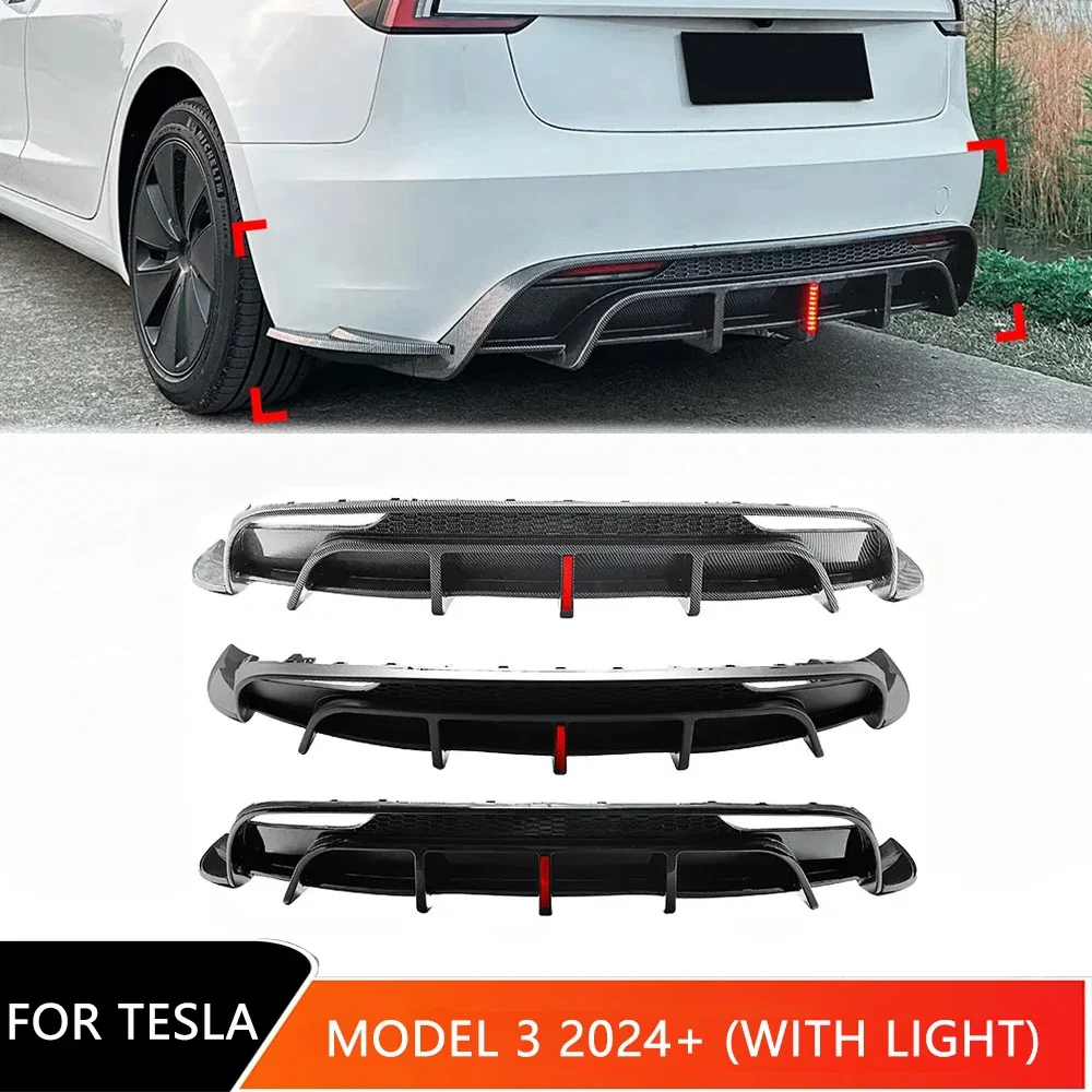 Car Rear Bumper Tail Lip Blade Spoiler Rear Lower Splitter Diffuser Body Kits for Tesla Model 3 2024+ (With Light) Exterior Trim