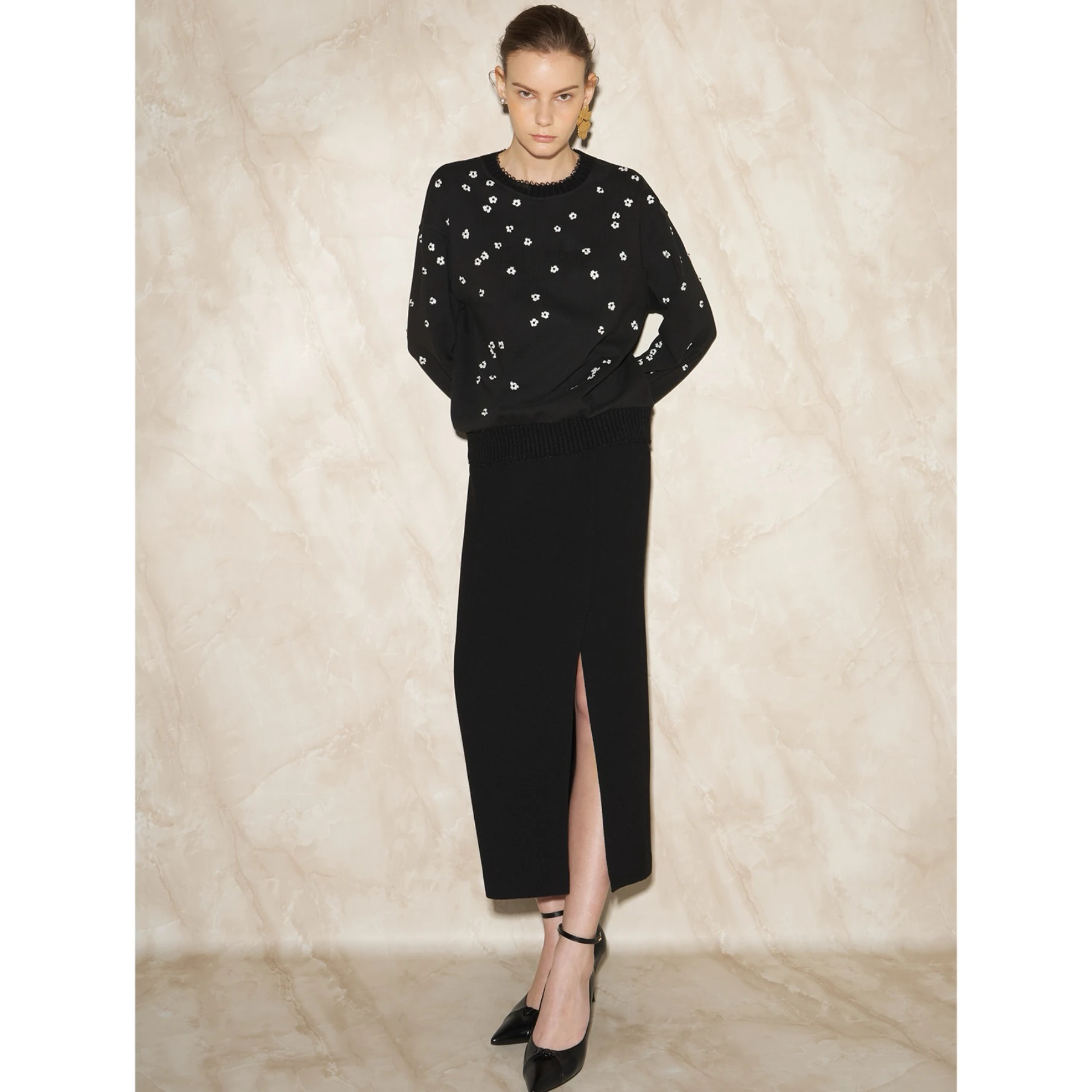 

Silky Smooth Bow Decorated Side Slit Straight Leg Pencil f Skirt Spring Faion Ele High Waist Other Material