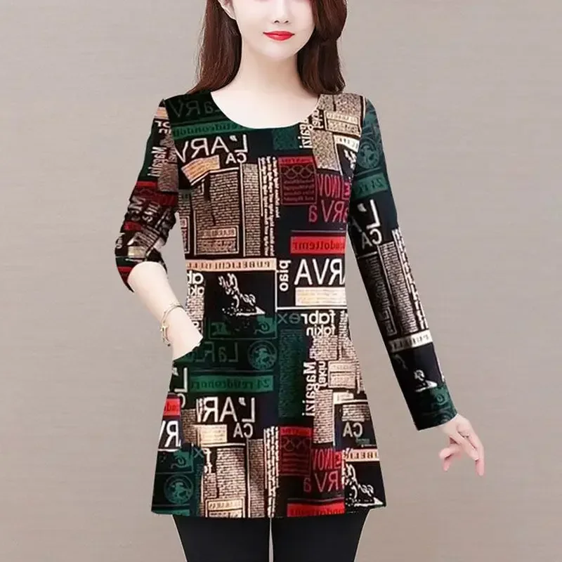 ママの長袖トップス 2024年 春秋新作 ゆったり リラックス スリム ファッション 中高年向け 丸首 プリントTシャツ