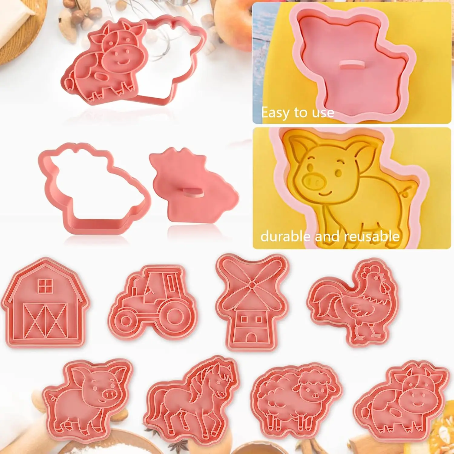 Cookie Cutter Farm Animal Cat Rabbit Shape Dough Stamp Plastic Pressable Biscuit Mold Confectionery Baking Baker Pastry Tools