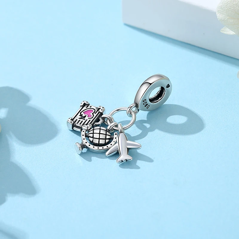 Original Silver Plated Charm Love Travel Plane Bus Pendant Pink Beads Fit Pandora Bracelets Necklaces Women DIY Jewelry Gift