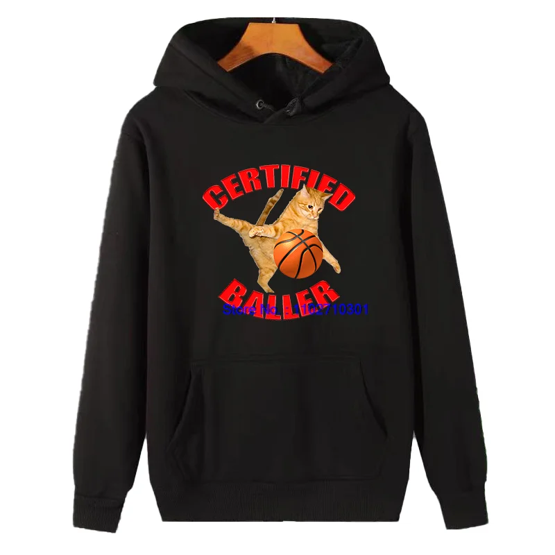 Certified Baller Cat Funny Graphic Hooded Sweatshirt Winter Essentials Thick Hoodie Fashionable Man's Winter Sweater