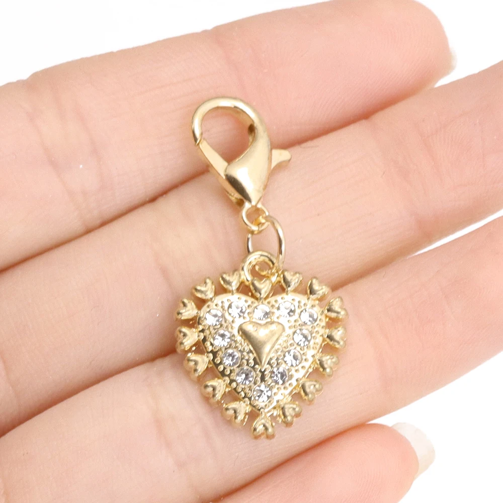 10Pcs Fashion Gold Plated Metal Zircon Heart Charms Crochet Locking Knitting Markers Pendant with Lobster Clasps Sew DIY Accesso