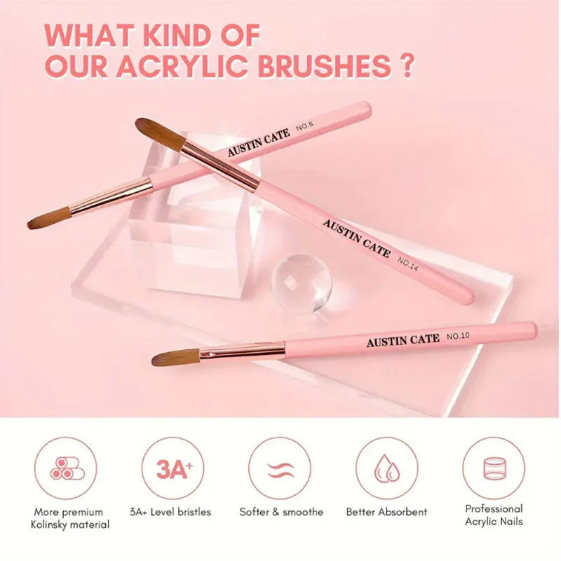 3pcs Pink Handle Acrylic Nail Brushes Professional Crystal Powder Extension Carving Tool 8/10/14 Beginner Manicure Salon Brush