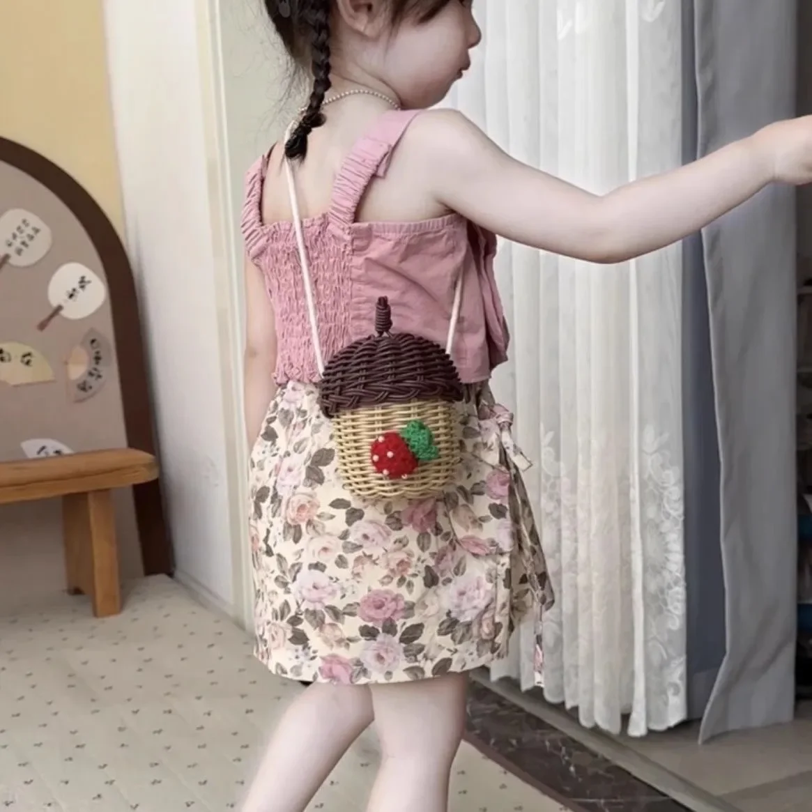 Girls' Set Summer Fashionable Three Dimensional Flower Suspended Shirt Children's Top+Fragmented Short Skirt Baby Kids Clothing