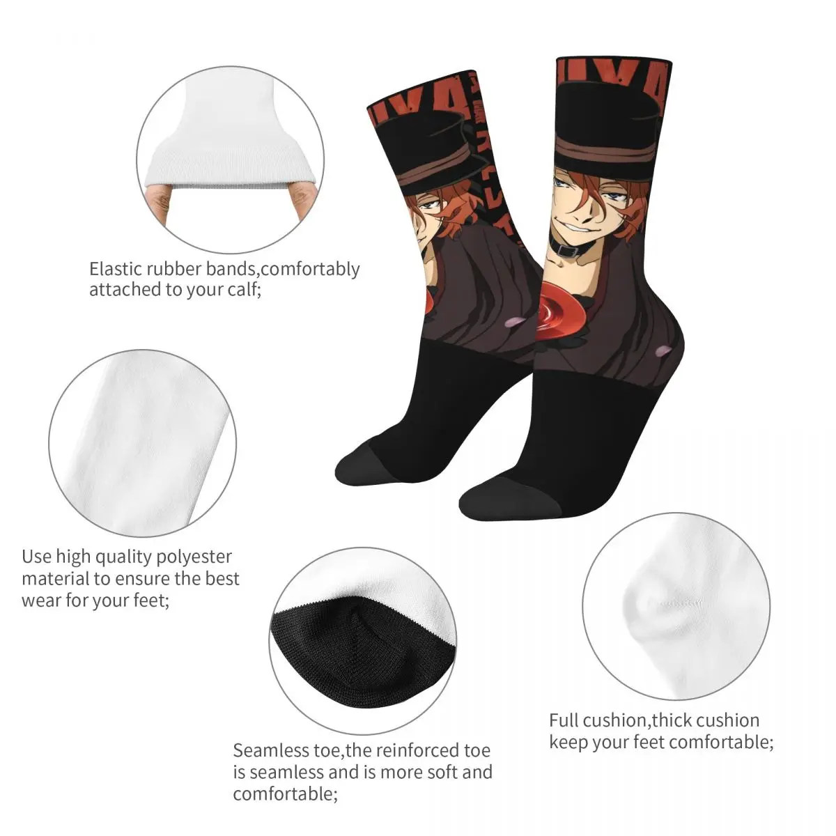 Chaussettes de compression Vintage pour hommes, Hip Hop, Chuuya Nakahara, Bungou Stray Dogs, Wan Anime, Harajuku, chaussettes d\'équipage imprimées