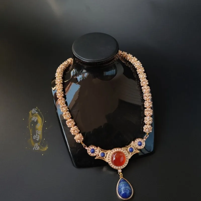 Ancient Qingting Eye Beads Yingluo Necklace Hanfu Tang Dynasty Dunhuang Style Multi Gem Pearl Stone Layered Soft Choker Jewelry
