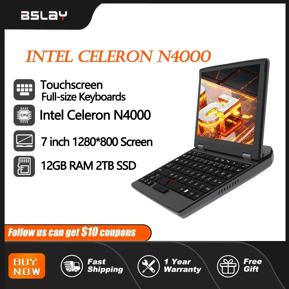 Laptop Mini Intel N4000 7 inci, Notebook layar sentuh asli, RAM 12GB, SSD 2TB, DDR4, kamera HD logam 1280*800