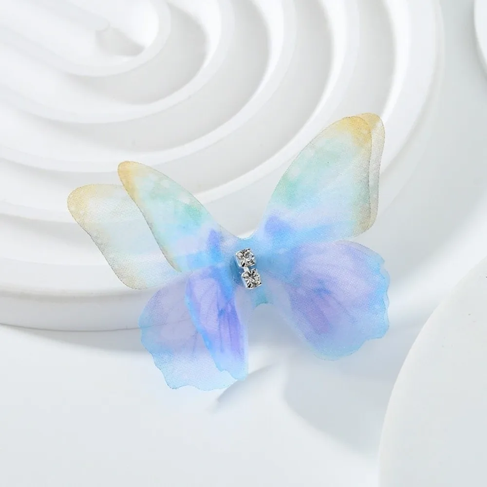 50Pcs 3D Organza Fabric Butterfly Appliques Rhinestone Gradient Color Chiffon Butterfly Embroidered Patches Translucent