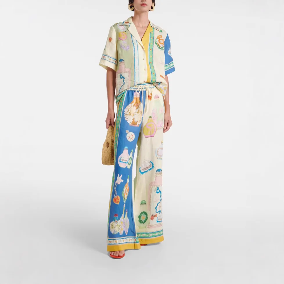 Cross border 2026 fashion personalized printed short sleeved linen shirt loose casual set