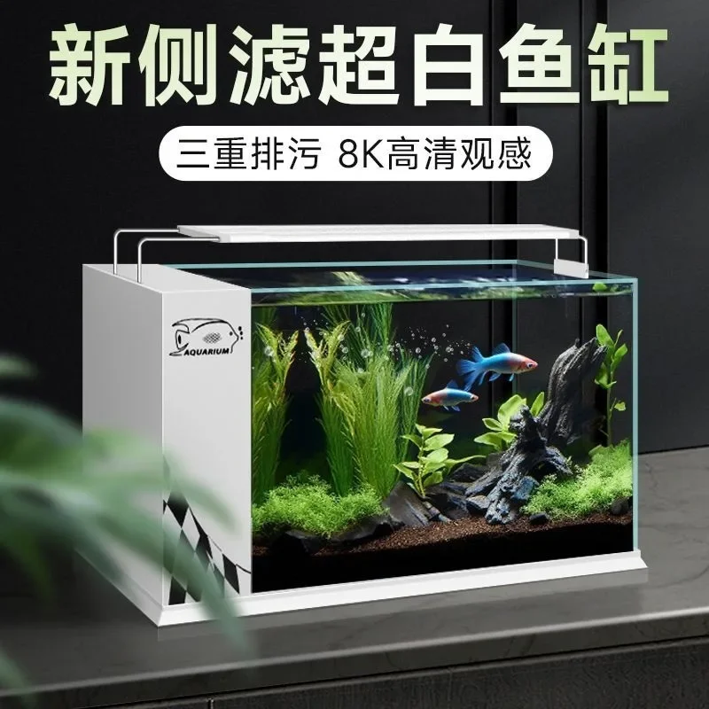 fish tank aquarium, small ultra-white glass in the living room, rectangular office table.