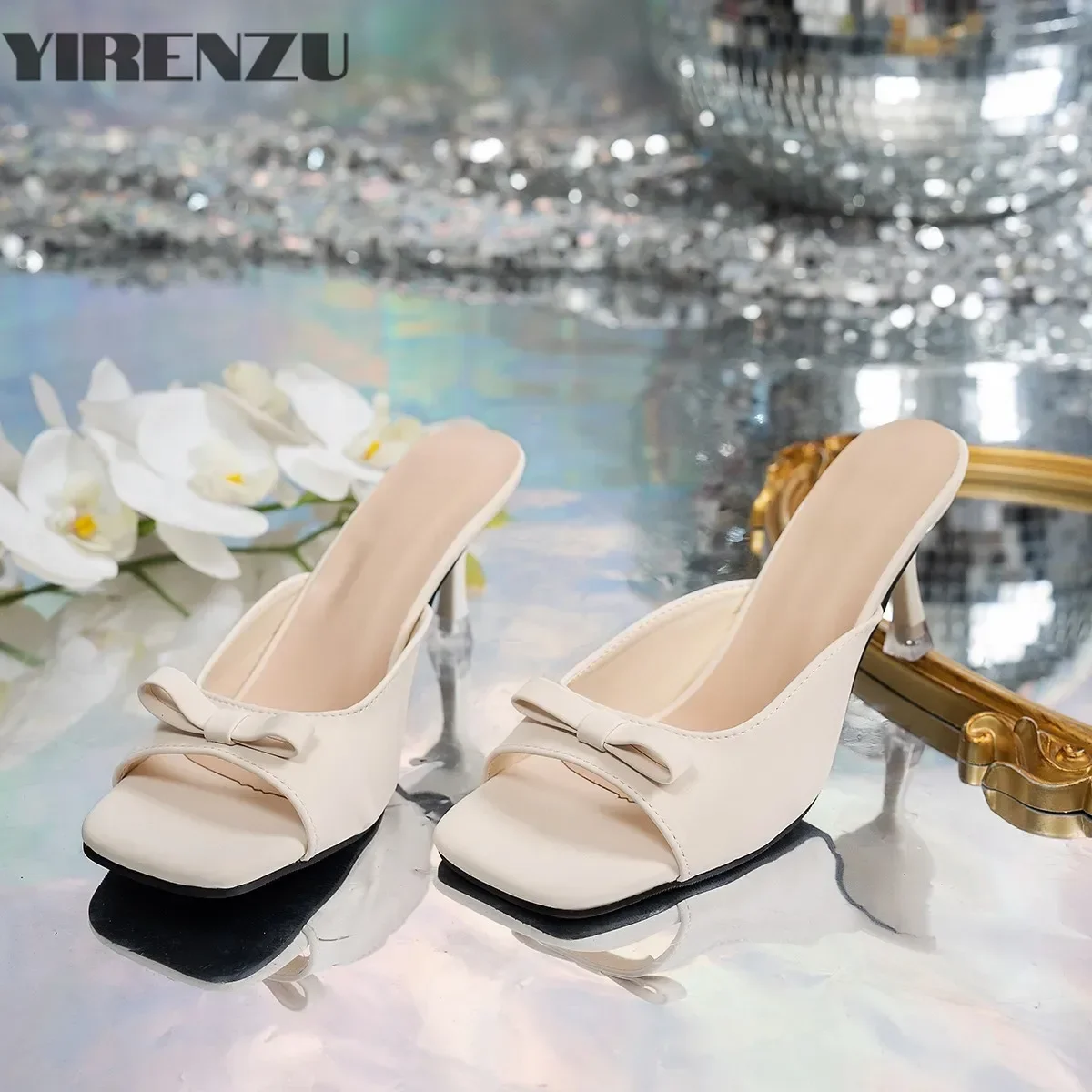 2025 New Slipper Mules Low High Heels Shoes Summer Best Street Look Females Square Head Open Toe Bow Strappy Sandals Women