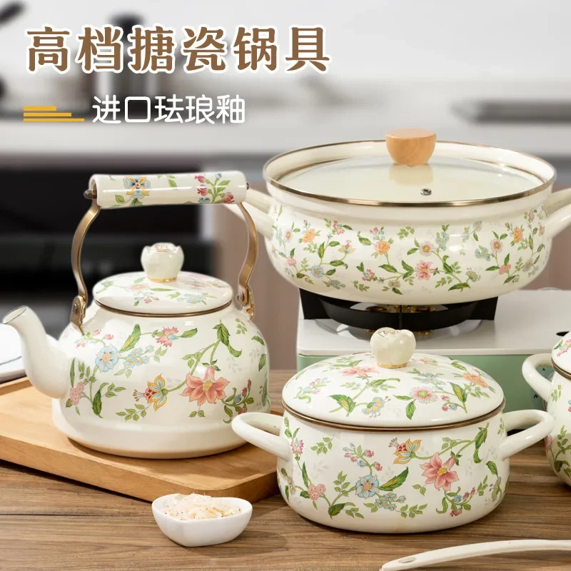 

Enamel Pots and Pans Double Ear Thickened Household Soup Pots and Pans Large with Lids Stock Pots Kitchen Cookware