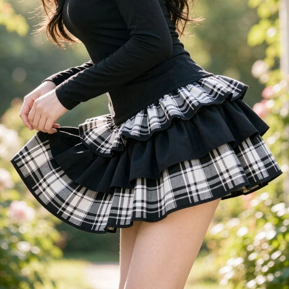 Y2K Gothic Tiered Ruffle Skirt Women Black White Plaid Skull Print Mini Skirt