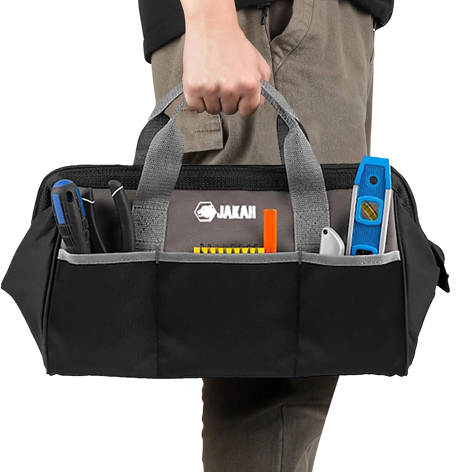 18-inch Heavy Duty Tool Bag for Men with Waterproof Hard Bottom, Wide Mouth Tool Bag Organizer Multi Pockets Tool Tote