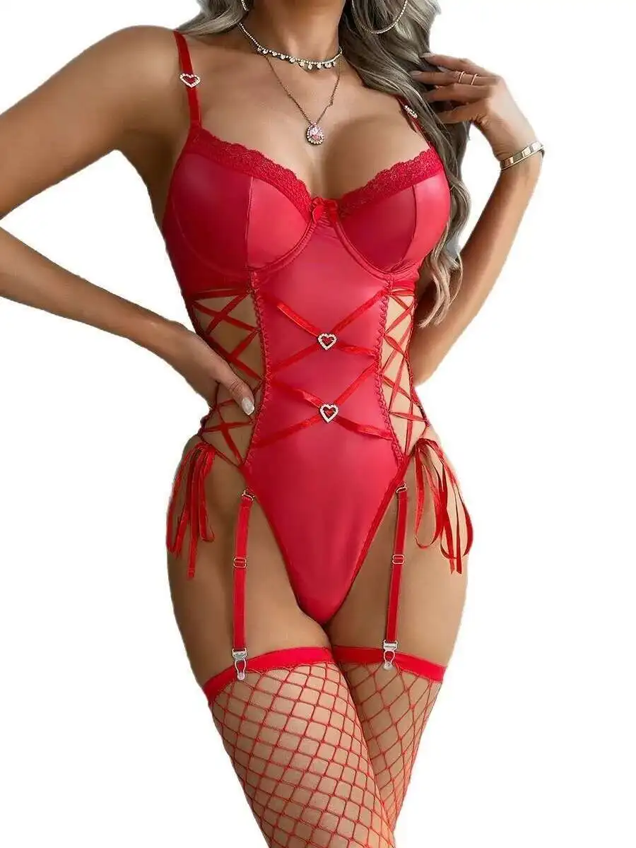 Hollow Out ถุงเท้าตาข่ายยาวสีดํา PU หนังนุ่ม Micro ยืดหยุ่นด้านข้าง Love Cross เซ็กซี่ชุดบอดี้สูทผู้หญิงสบาย 9OMQ