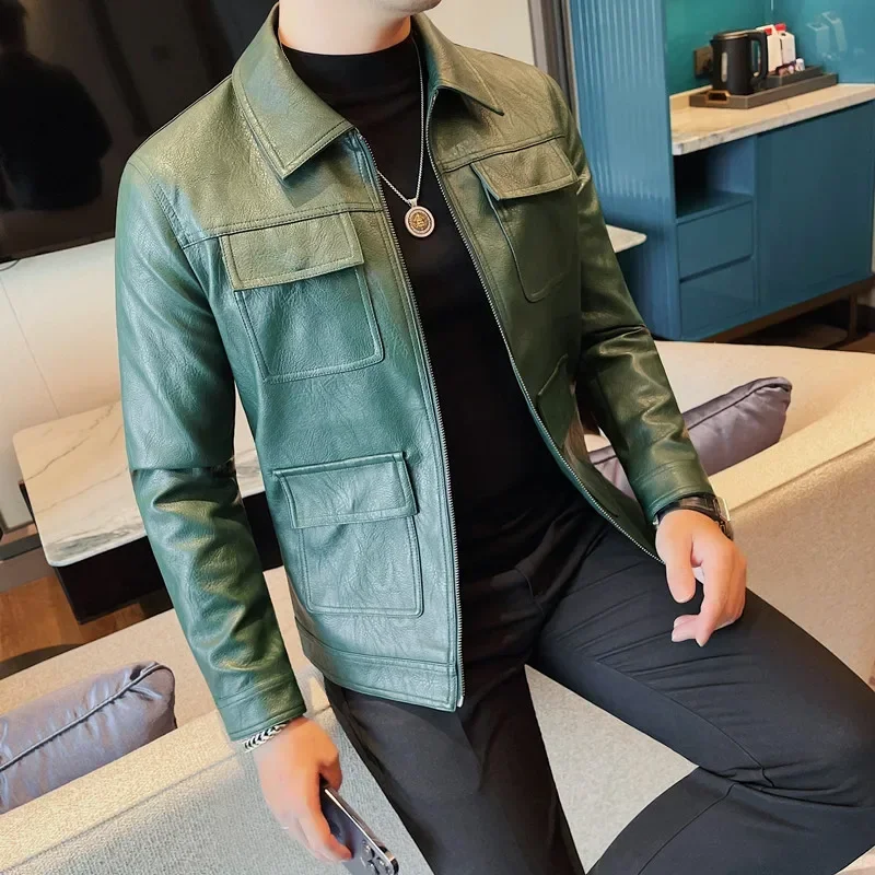 2024 Autumn Winter Leather Jackets Men Fashion Lapel Motorcycle Jacket Casual Business Streetwear Social PU Leather Coats