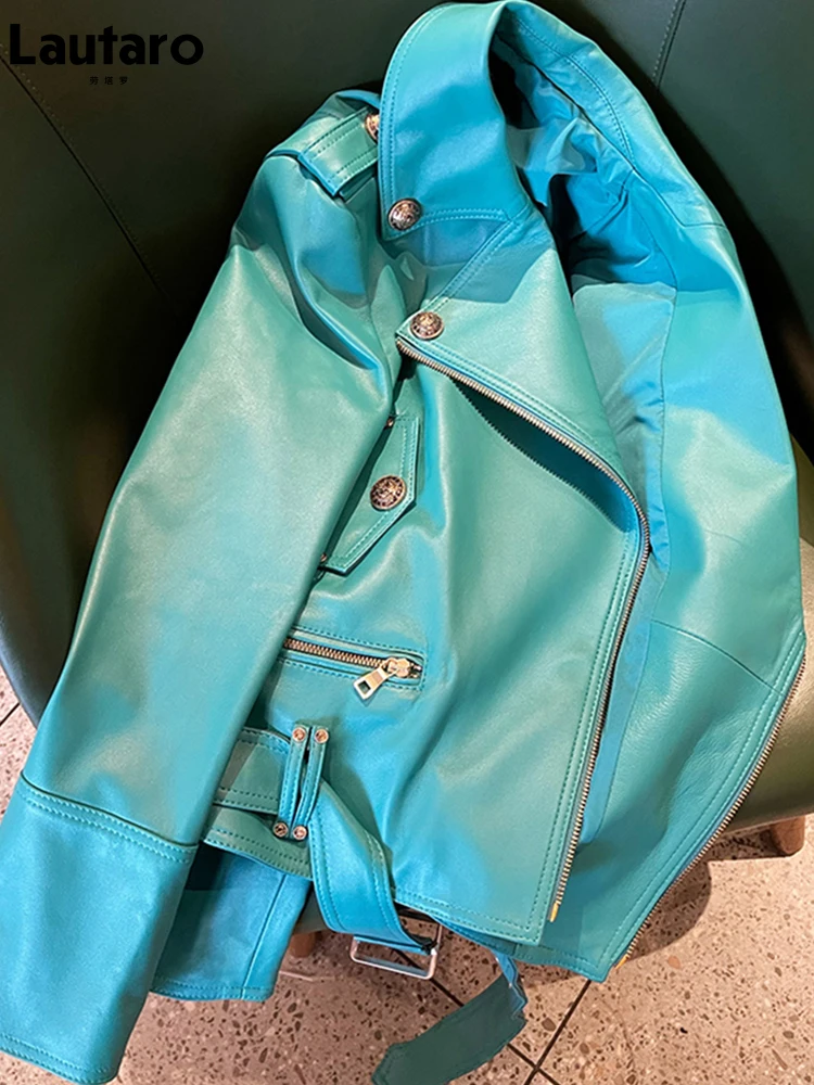 Lautaro-Chaqueta de motorista de cuero Pu para mujer, chaqueta de manga larga con cremallera, ropa de calle de diseñador de lujo, color verde