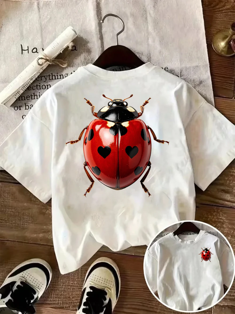 Ladybug Print Women T Shirt Cute Heart Beetle Graphic Tee Casual Short Sleeve O Neck Loose Summer Top Streetwear Tee Y2k Top
