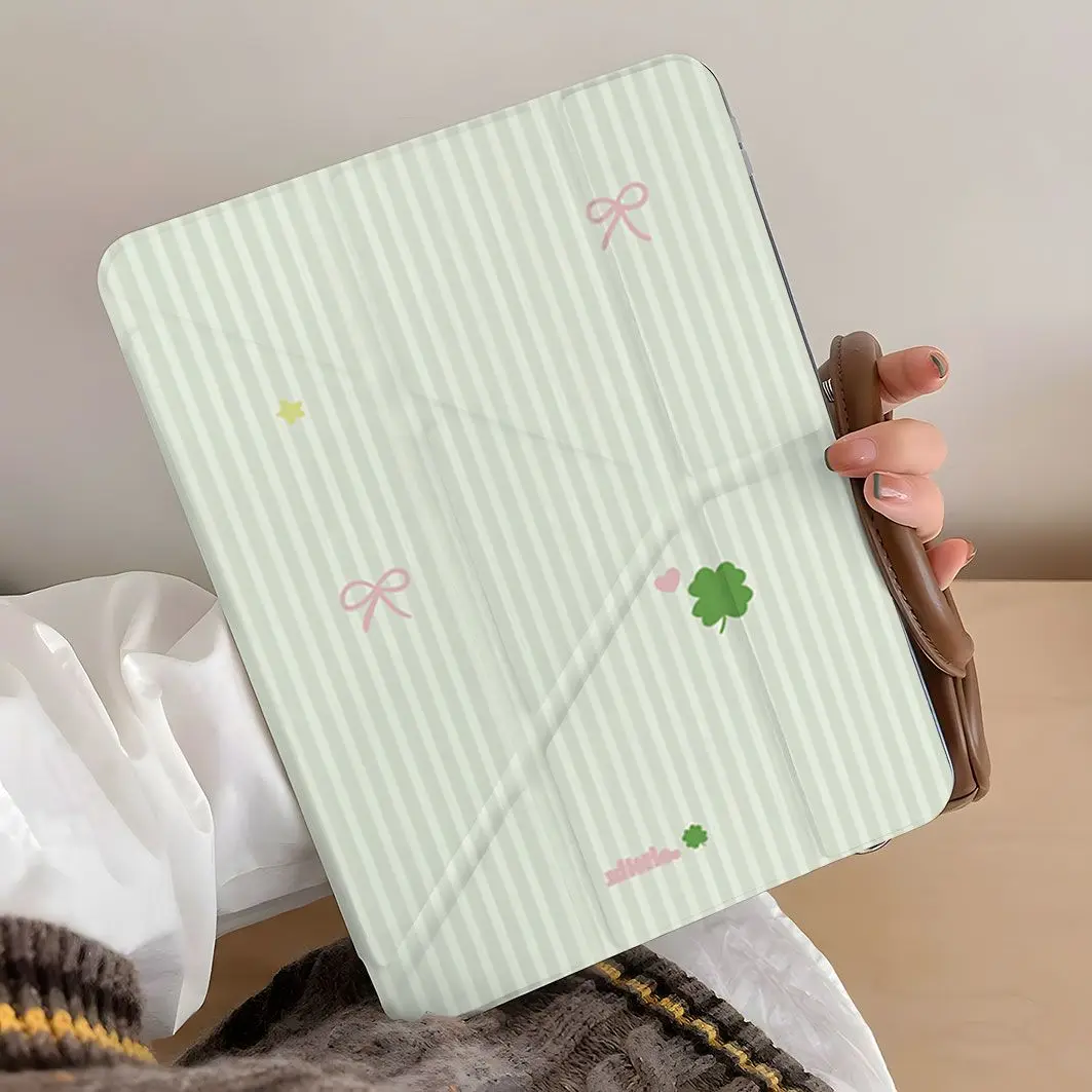 Girl Striped Clover Y Fold Case For iPad Pro 11 13in 2025 iPad Pro 12.9in Air7 10th 11th M4 M5 Three-Fold Protective Cover