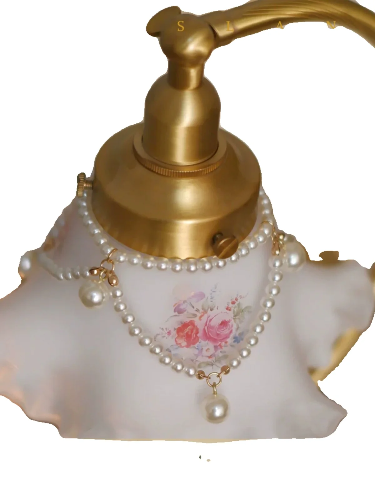 Original French Victorian Pearl Lolita White Flower Bud Glass Brass Table Bedroom Bedside Lamp Night