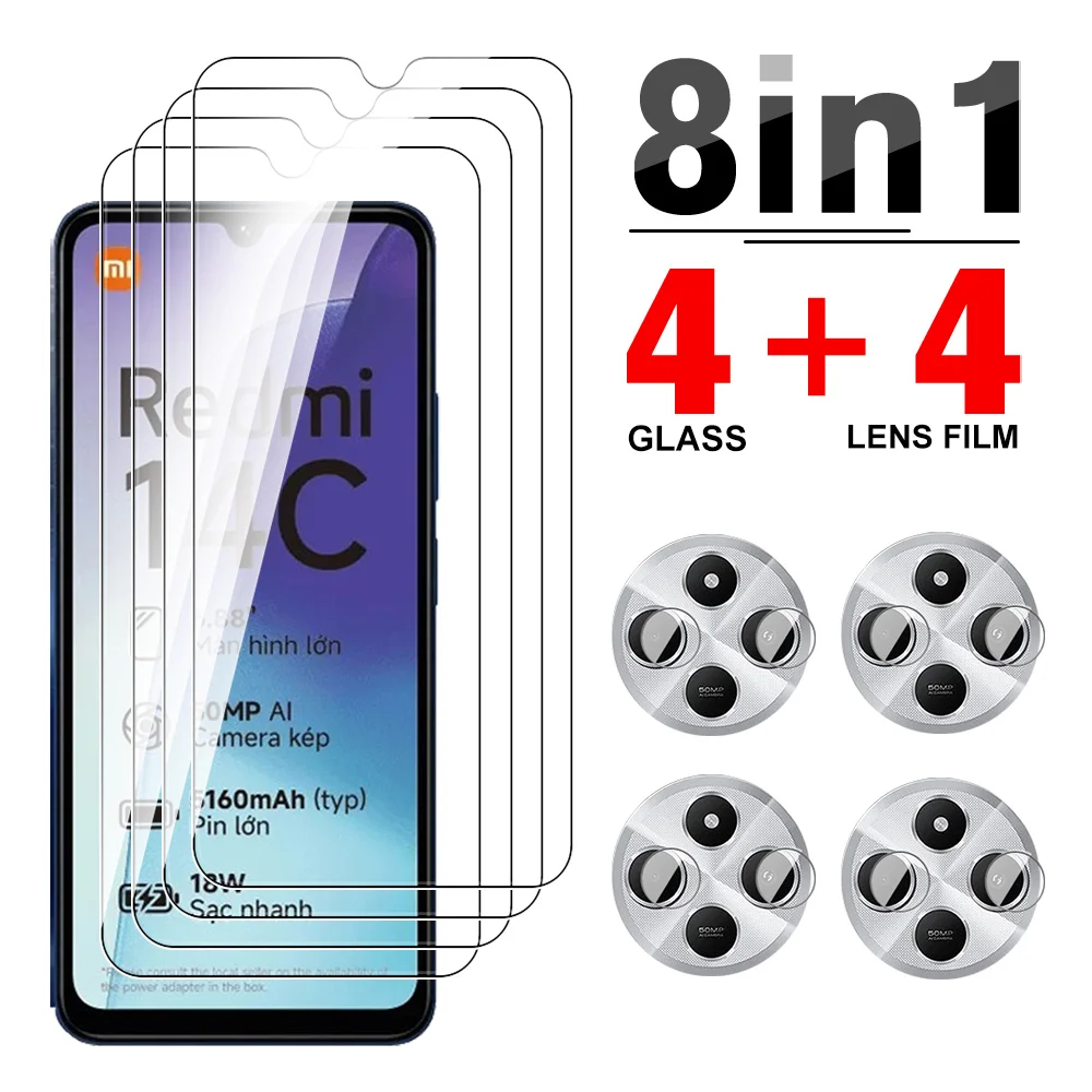 Película de lente de cámara 8 en 1 para Xiaomi Redmi 14C 4G, Protector de pantalla para Redmi 14 C Redmi14C 14 C C14 Redmy14C HD, película de vidrio templado
