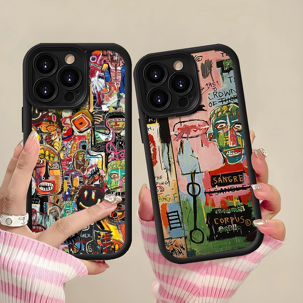 Art Fashion B-BasquiatS For iPhone 16 15 14 13 12 11 Pro Max Plus Lens Protective Shockproof Silicone Soft Back Cover