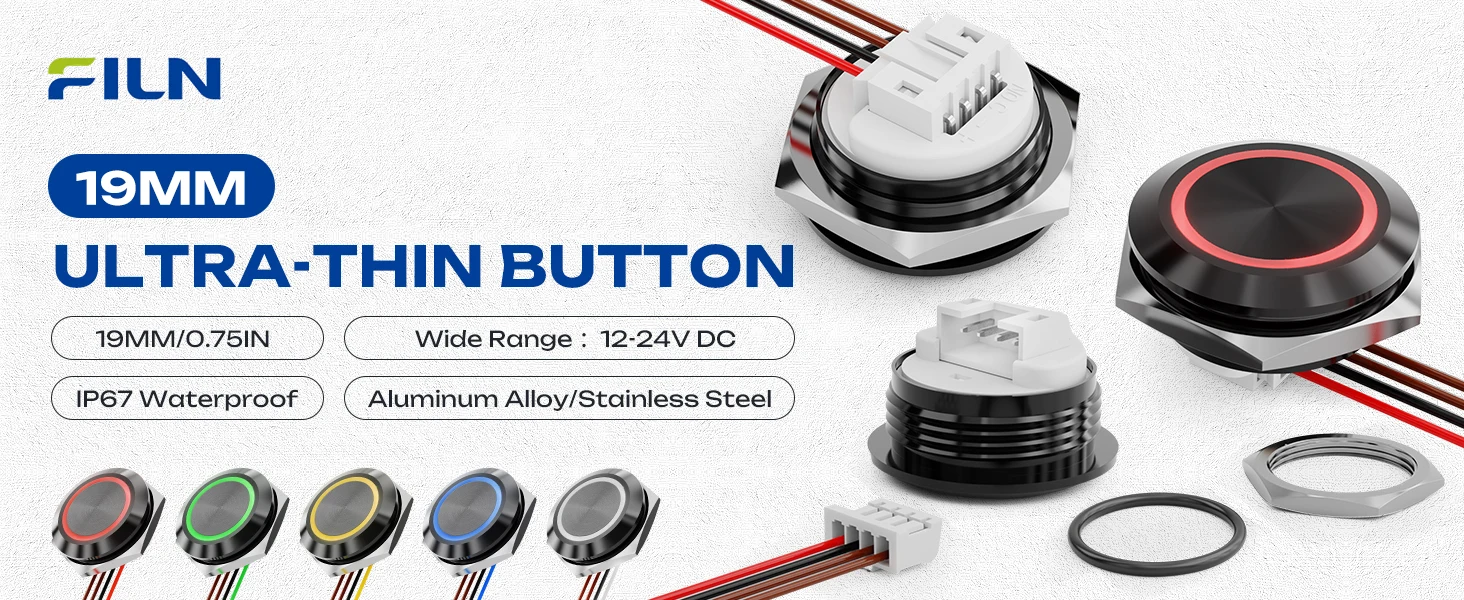 FILN 3 Stück 19mm Dünner Momentaner Drucktastenschalter 12V24V 0,05A DC Kurzzeit-Drucktaster IP67 Wasserdicht mit Steckanschluss – Detail 1