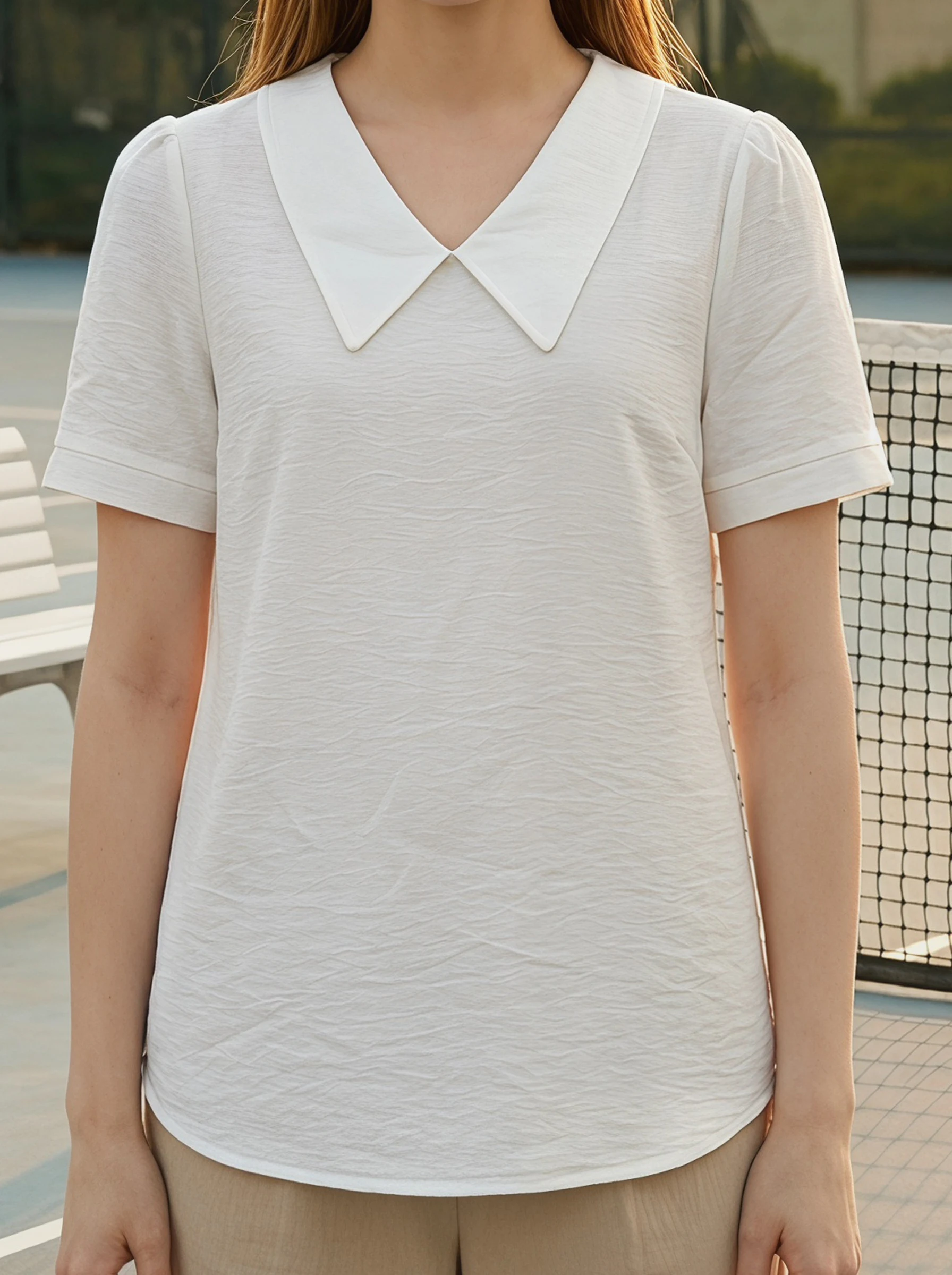 

Rosa fera Women Solid Color Blouse Short Sleeve Peter Pan Collar Casual Loose Fit Top Elegant Shirt