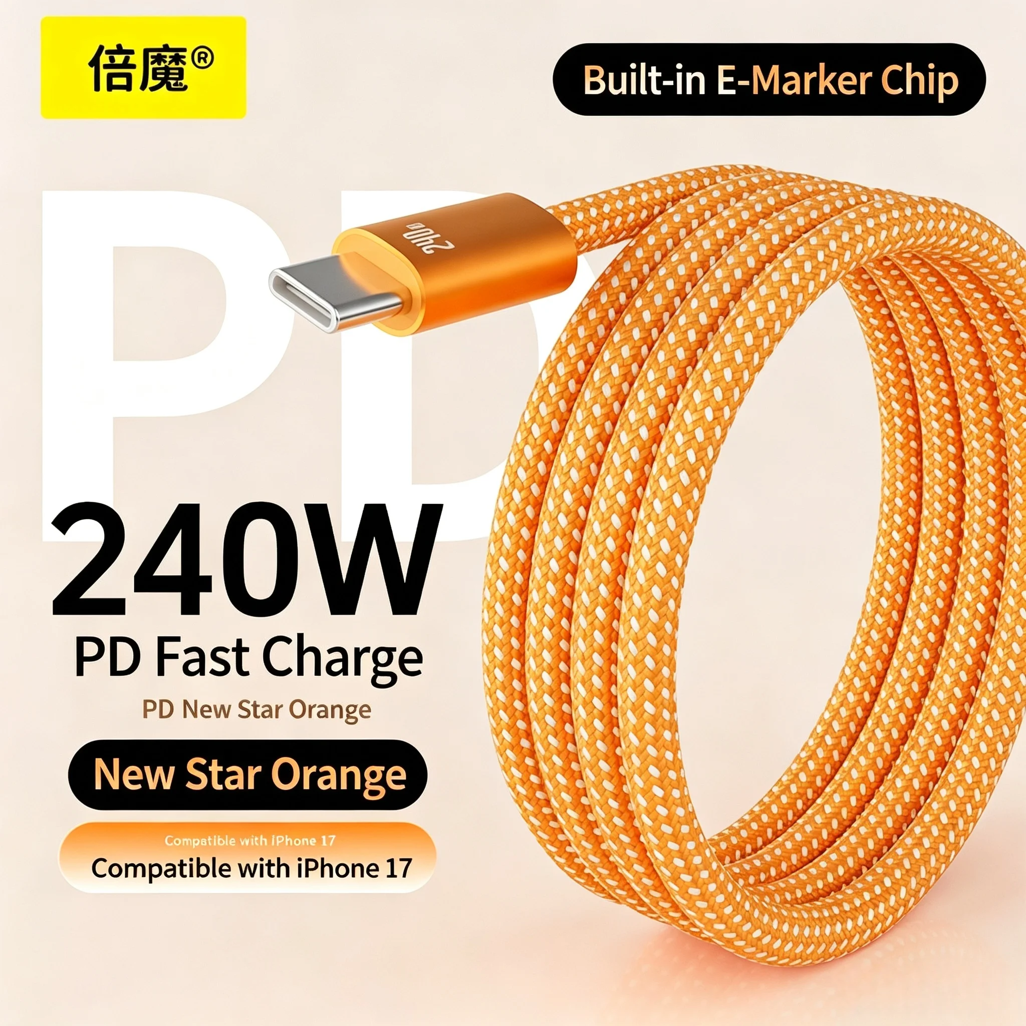 240W PD USB‑C Cable 1.2M Braided Type‑C Fast Charger Cord E‑Marker Chip 480Mbps Data Transfer for Laptop Sumsung iPhone 15 16 17