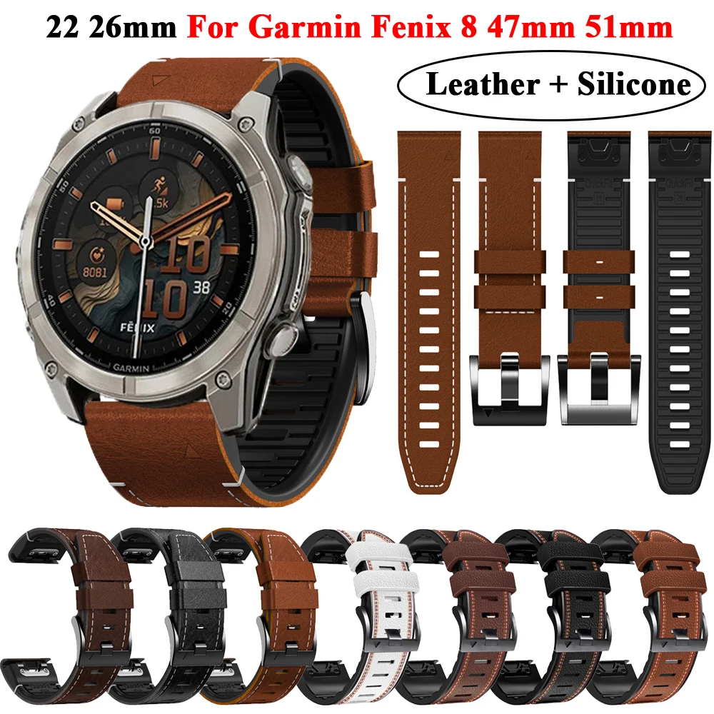 22 26MM Leather+Silicone Watch Band Straps For Garmin Fenix 8 51mm 47mm/Fenix E 7 7X 6 6XPro 5 5X Smartwatch Wristbands Bracelet