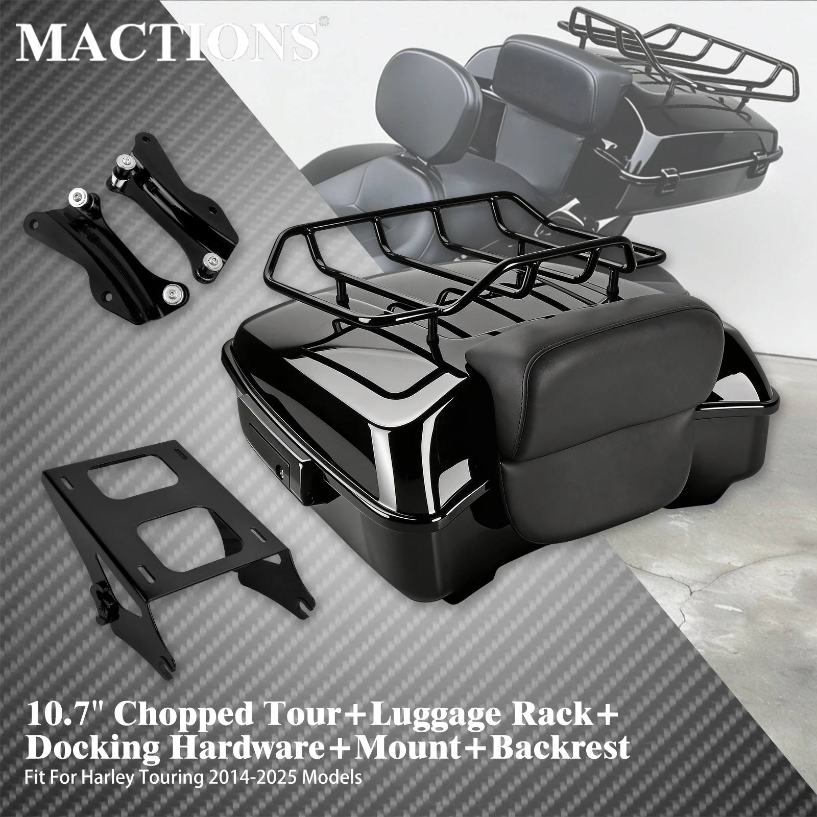 Motorcycle 10.7'' Chopped Tour Luggage Tail Box With Backrest Mounting Rack Kit For Harley Touring 2014-2025 Road Electra Glide