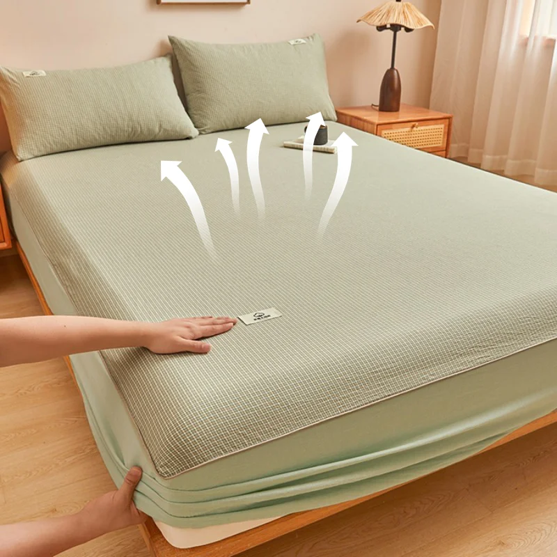 Fundas de colchón de algodón de verano con banda elástica, Sábana a cuadros fresca, ropa de cama individual/queen de tamaño suave y cómoda (sin fundas de almohada)