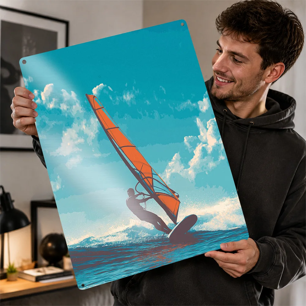 Windsurfer On A Wave Aluminum Poster Personalized Metal Sign Elegant Athletic Action Portrait Wall Art Perfect For Sports Bars