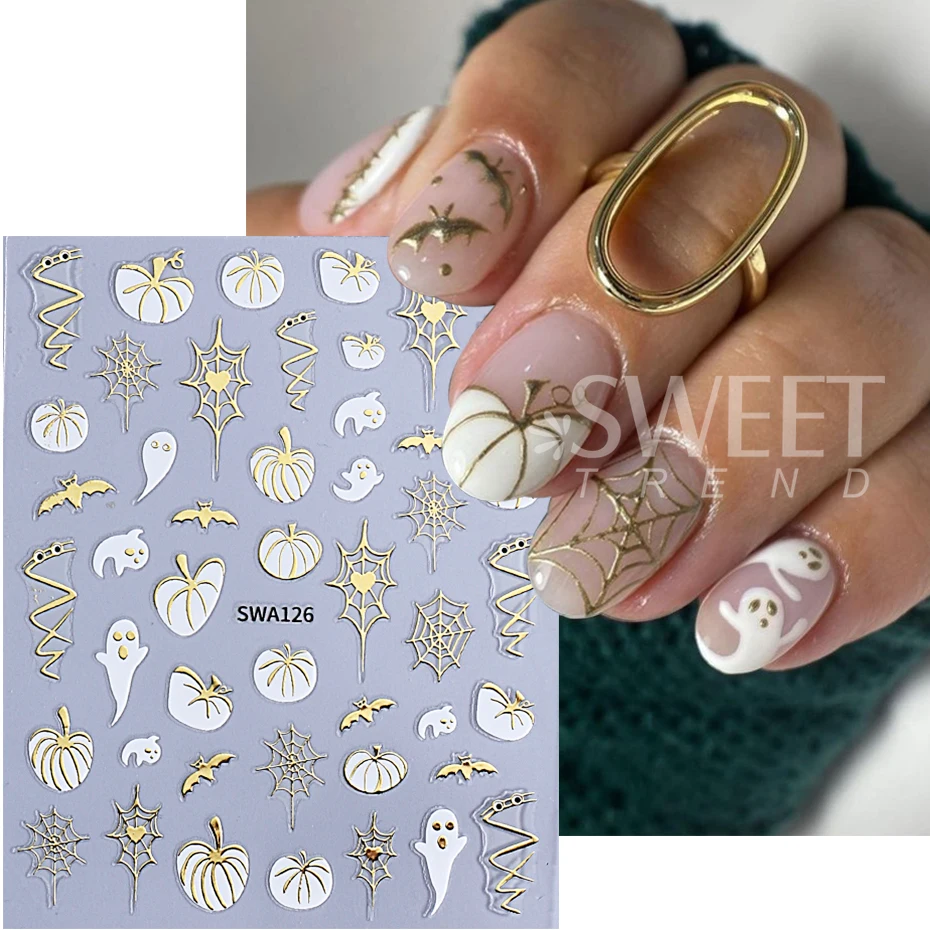 4 個ハロウィンネイルアートステッカー 3D 秋カエデの葉クモの巣ゴーストカボチャ自己粘着ネイルステッカー DIY マニキュア装飾
