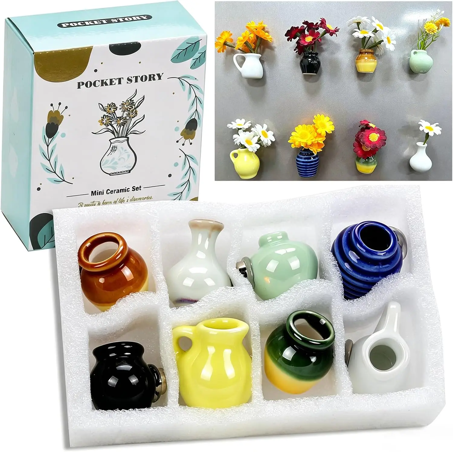 16pc Mini Vase Magnets & Flowers, Ceramic Fridge Decor, Cute Tiny Bud Vases for Office Locker, Novelty Gift for Teacher Mom Plant Lover