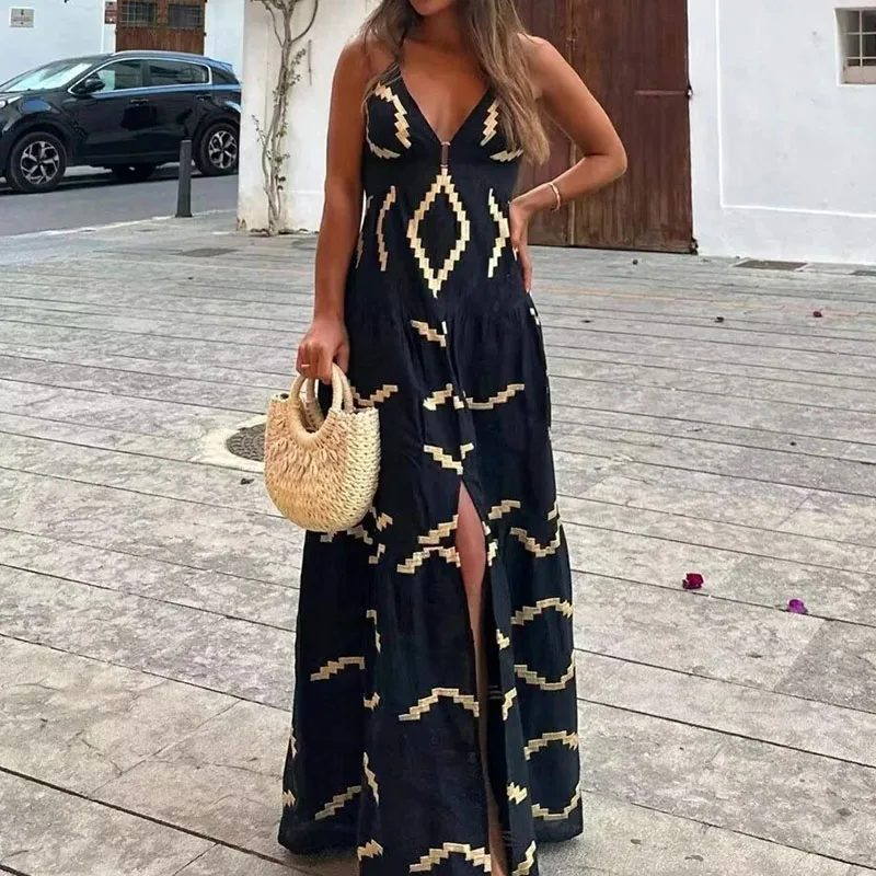 تنورة طويلة منقسمة لربيع 2025 على شكل حرف V مطبوعة على شكل حرف V من ألياف البوليستر Dr Street Sle 00% Ele Aosphere #2