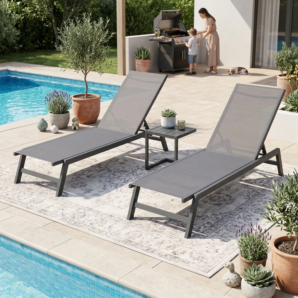 3PCS Aluminum Teslin Sun Lounger Set With Side Table Adjustable Backrest Outdoor Chaise Lounge Pool Garden Beach Hotel Sunbed