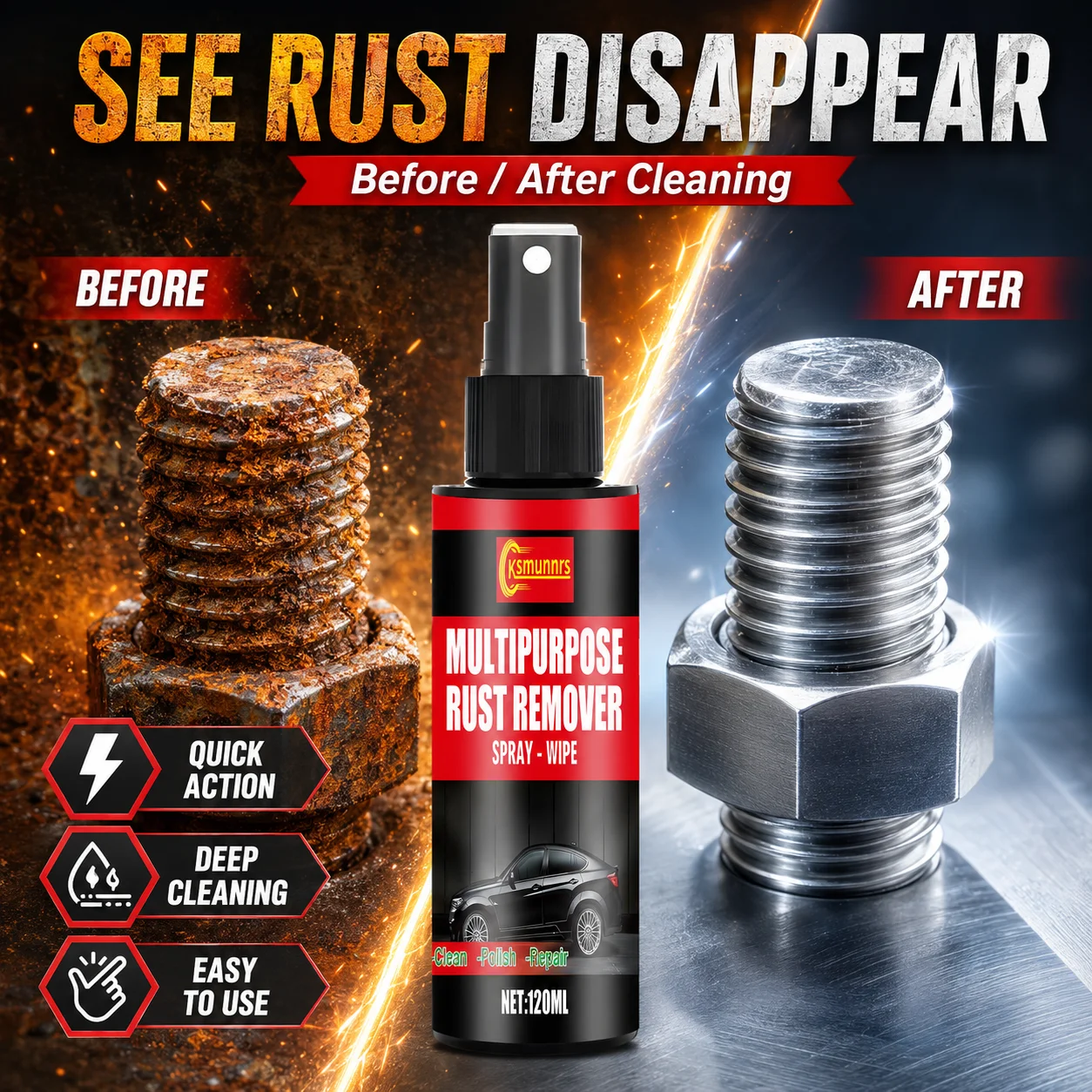Multipurpose Rust Remover Spray 120ml, Quick Action Deep Cleaning, Easy To Use for Auto & Metal Hardware