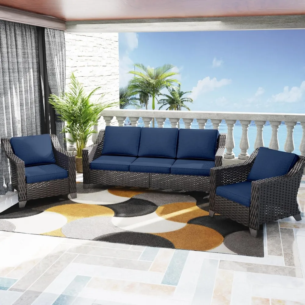 

Patio Furniture Set Outdoor 3-Piece Conversation Set, A 3-Seat Sofa and 2 Armchairs for Deck Backyard Porch(Brown/Navy)