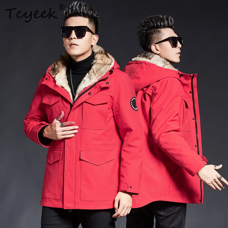 Tcyeek 本物の毛皮コート メンズ 取り外し可能な裏地付き 冬服 ミドル丈パーカー アウトドア ウルフファーコート 男性用 2025 フード付きコート