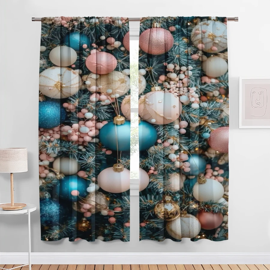 2PCS Digital Print Curtains, Closeup Christmas Tree Pink Blue White Gold Baubles Pink Berries Macaron, Soft Pastel Festive Style
