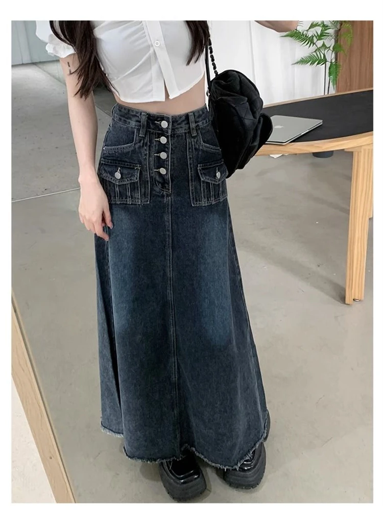 Jupe longue en jean pour femmes, ligne a, boutons à une rangée, Cool Girl, Vintage, mode été, Style de rue, longueur cheville, grandes jupes